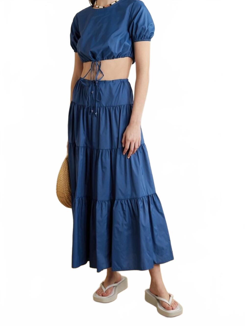 Staud Lucca Tiered Maxi Skirt Drawstring Nylon Cobalt Blue Women Size Small NWT